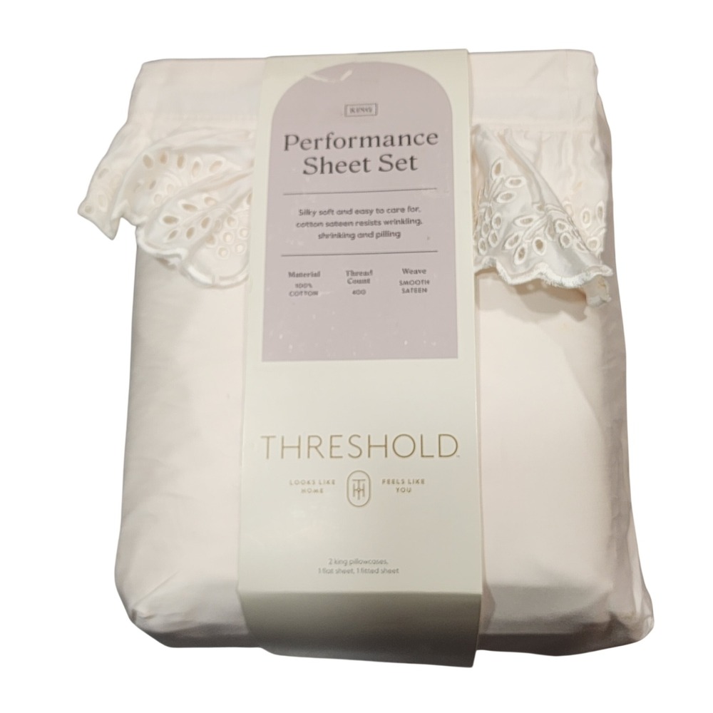 Threshold King Performance Sheet Set 400 TC Cotton Sateen Eyelet Ruffle Ivory